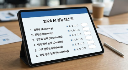 자료조사 AI 평가를 위한 6가지 핵심 요소인 정확성, 최신성, 구조화 능력, 맥락 해석, 근거 명확성, 가설 추론을 보여주는 원형 다이어그램