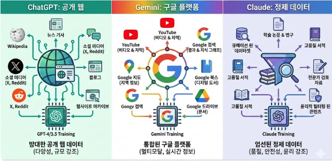 ChatGPT는 공개 웹 데이터, Gemini는 구글 자사 플랫폼, Claude는 정제된 계약 데이터를 주로 학습했음을 보여주는 비교 도표