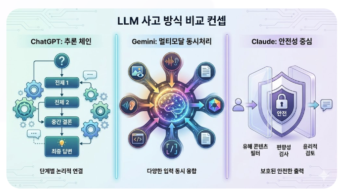 컨셉 이미지 (ChatGPT=추론 체인, Gemini=멀티모달 동시처리, Claude=안전성 중심)ChatGPT는 논리적 추론 단계, Gemini는 다양한 형식의 데이터 동시 처리, Claude는 안전성 검증 과정을 시각적으로 표현한 개념도